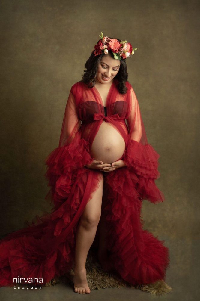 Ruffled Red Tulle Gown, maternity dress hire Sydney