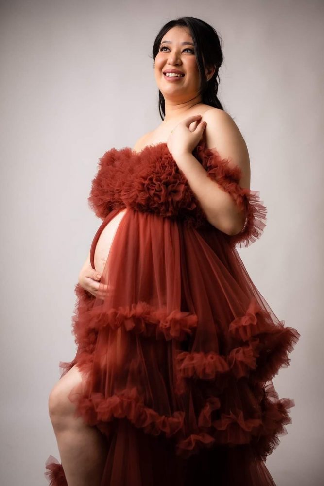 Ruffled Middle Slit Tulle Gown, maternity dress hire