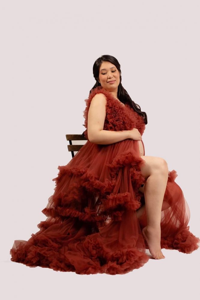 Ruffled Middle Slit Tulle Gown, maternity dress hire Sydney