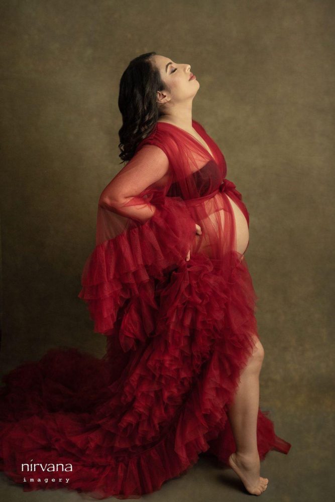 Ruffled Middle Slit Tulle Gown, maternity dress hire