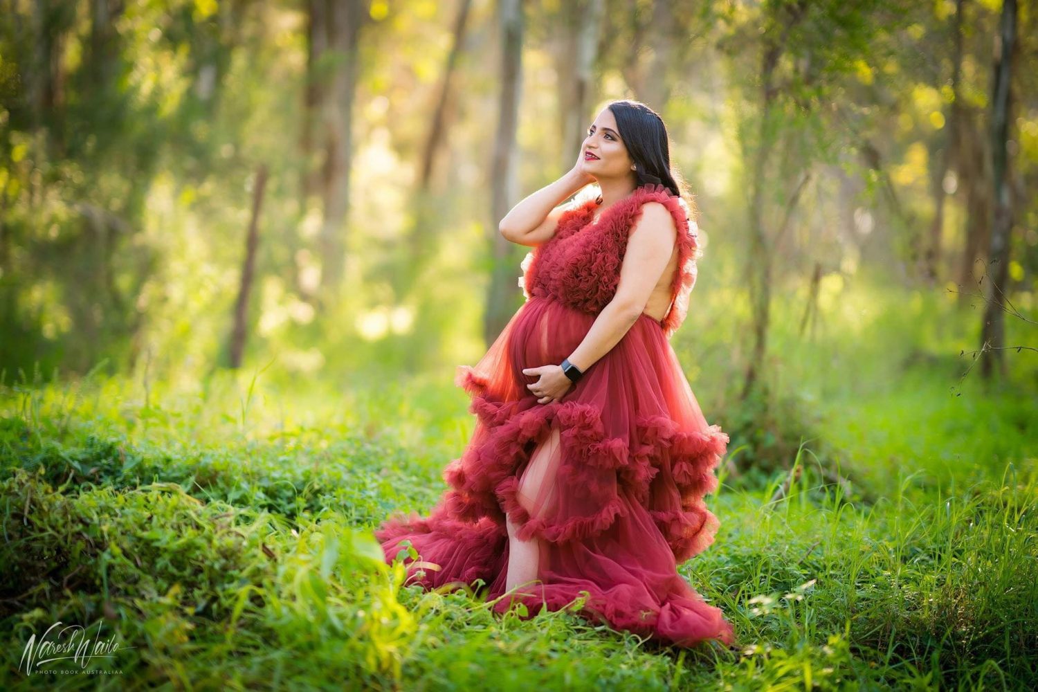 Ruffled Middle Slit Tulle Gown, maternity dress hire Sydney