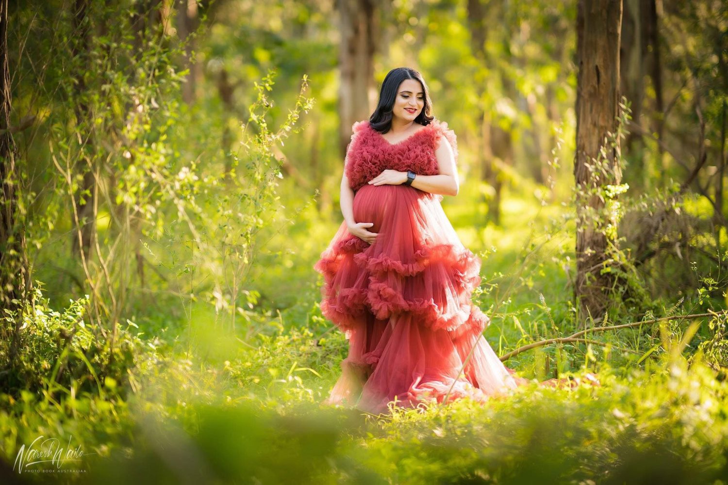 Ruffled Middle Slit Tulle Gown, maternity dress hire Sydney