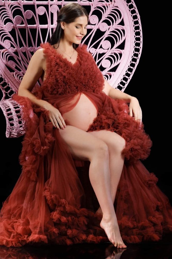 Ruffled Middle Slit Tulle Gown, maternity dress hire