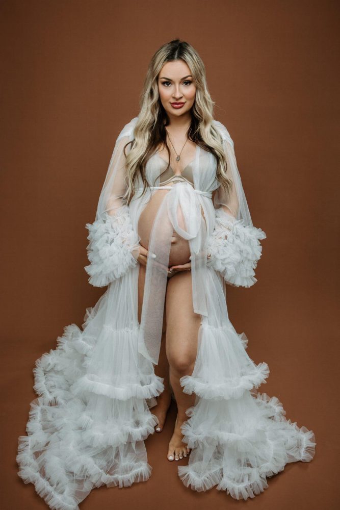 Tiered Ruffle White Tulle Gown, maternity dress hire