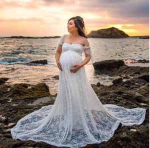 Off Shoulder Long Train Lace Gown, maternity dress hire